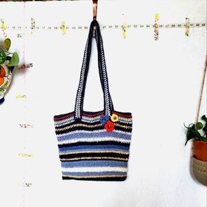 Handmade crochet knit tote blue brown white flowers